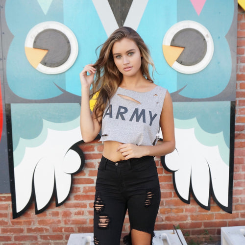 Wait And See Crop Army Strap Top